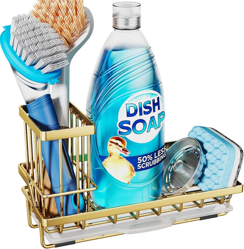 Consumest Sink Caddy, Kitchen Sponge Holder with Dish Brush Holder, Kitchen Sink Organizer with Drip Tray for Countertop, Stainless Steel Rustproof - Gold - Image 1